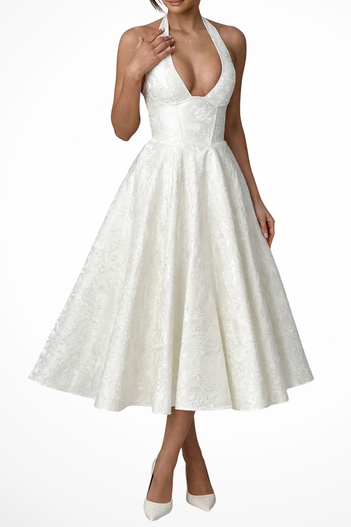 Women's Halter Neck Backless Corset Flared Wedding Guest Midi Dress