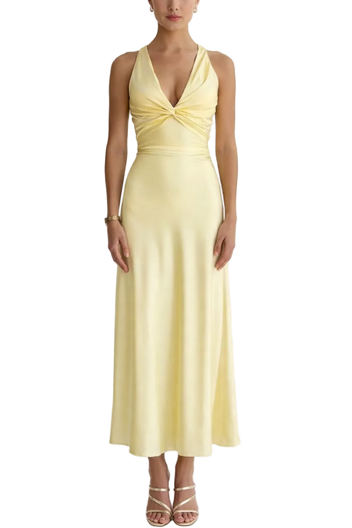 Women’s Halter Neck Backless Maxi Dress with Ruched Front