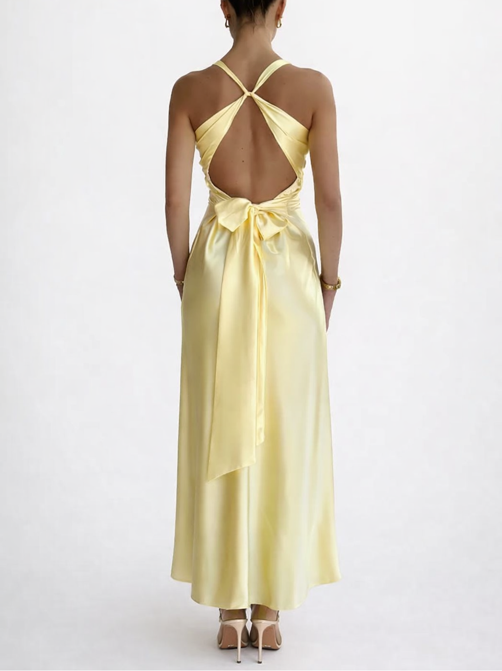 Women’s Halter Neck Backless Maxi Dress with Ruched Front