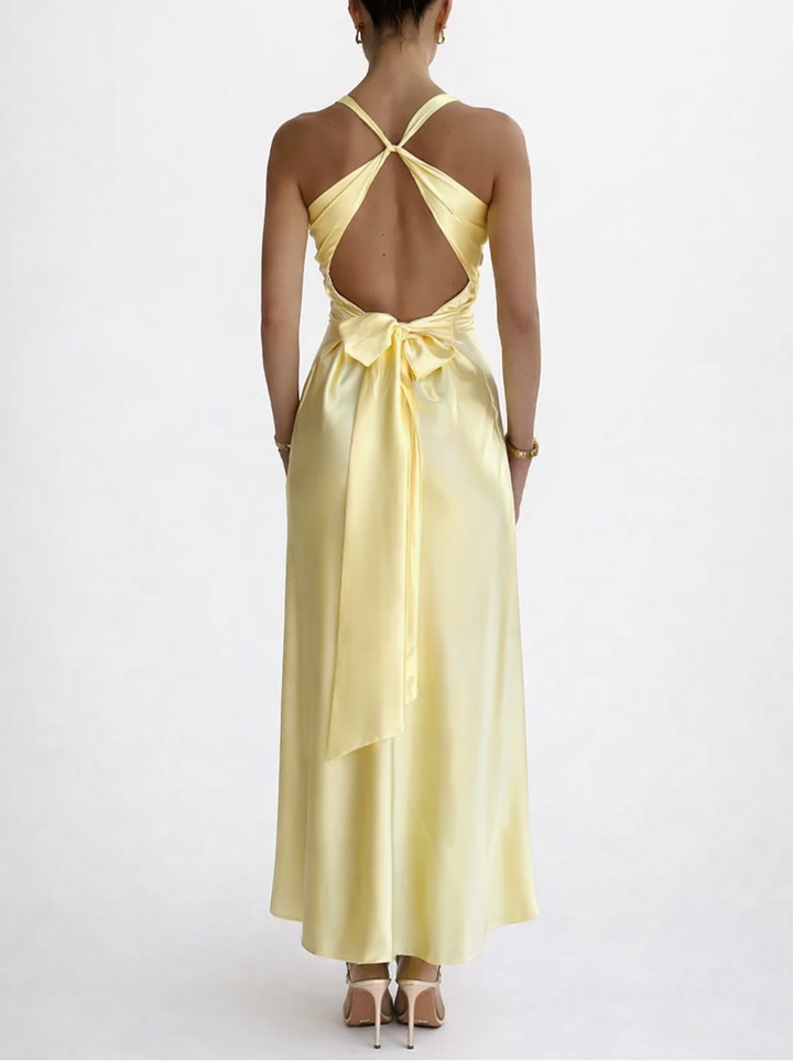 Women’s Halter Neck Backless Maxi Dress with Ruched Front