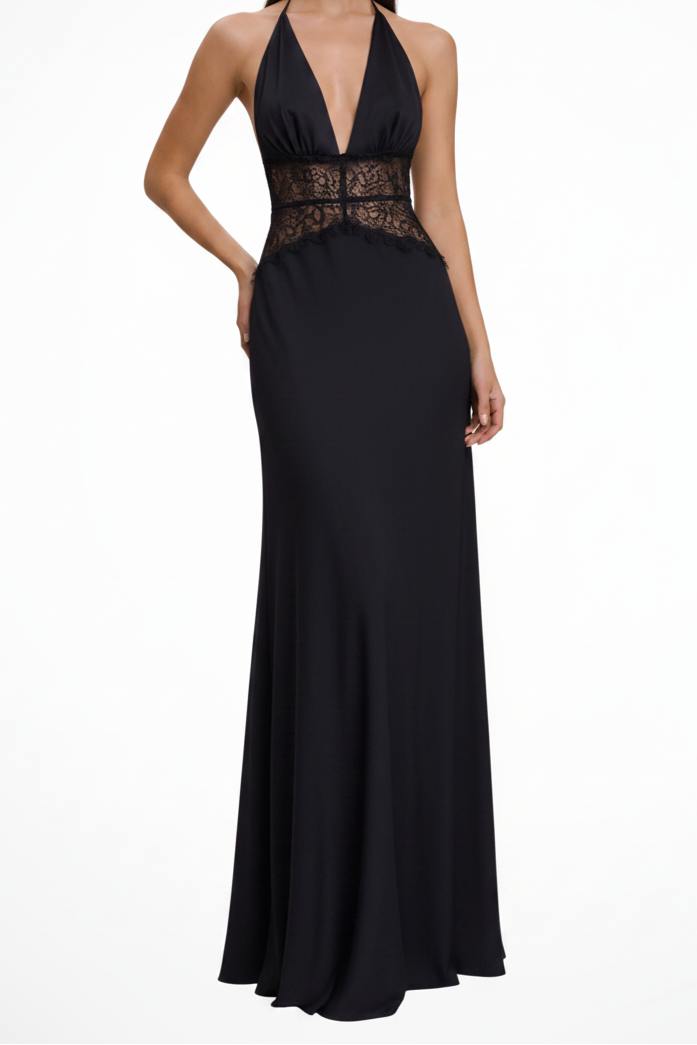 Women's Halter Neck Backless Maxi Wedding Guest Dress with Lace Waist