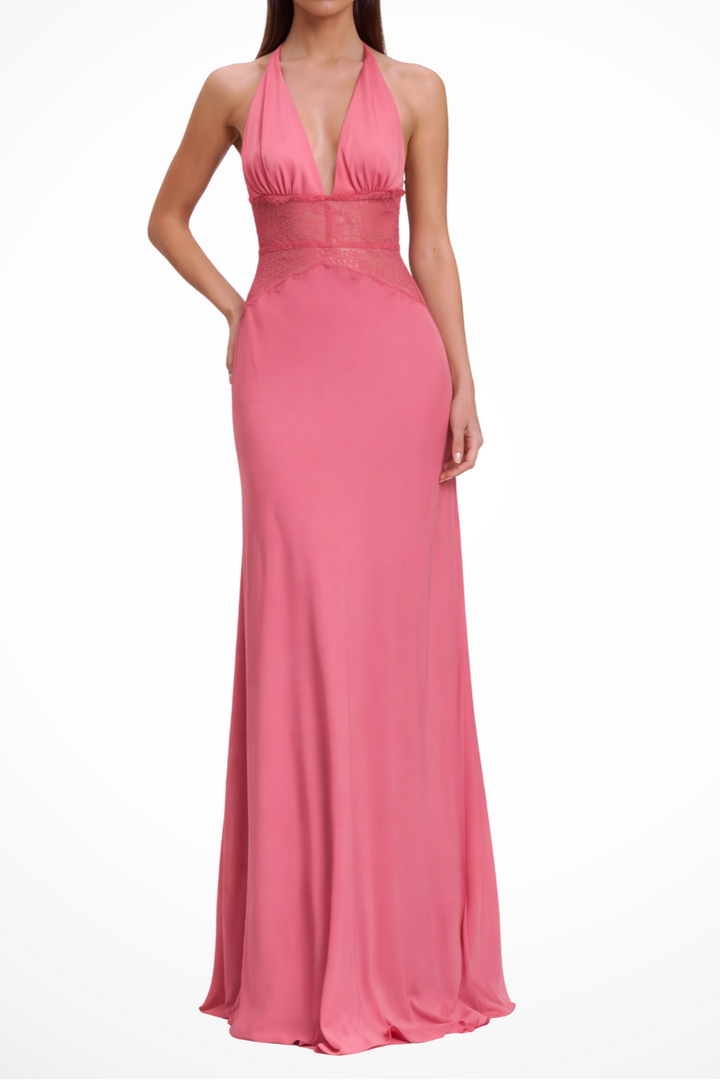 Women's Halter Neck Backless Maxi Wedding Guest Dress with Lace Waist