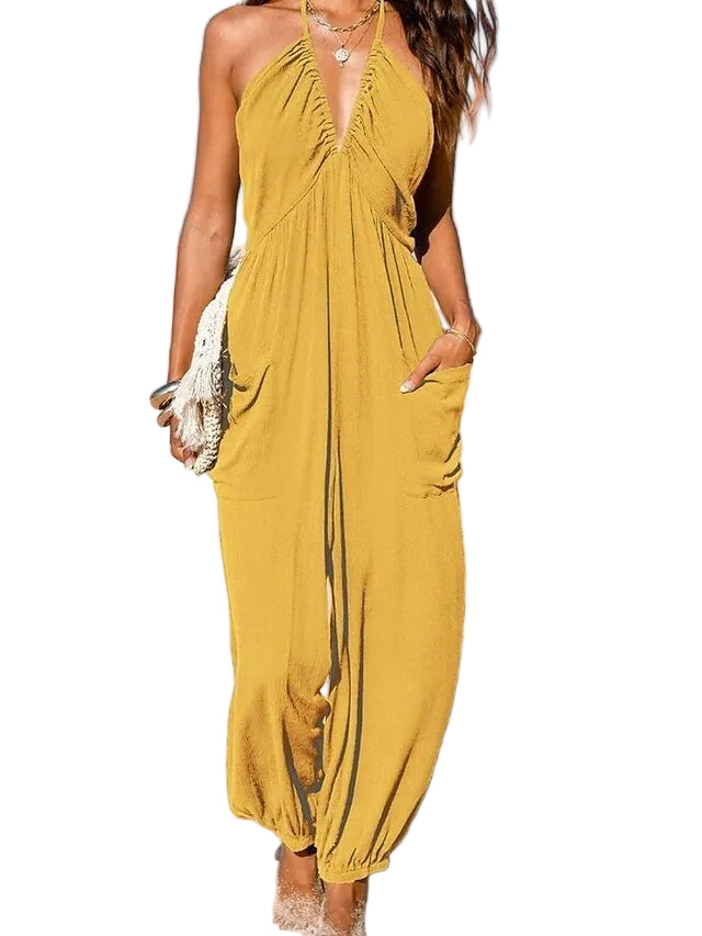 Women's Halter Neck Beach Jumpsuit with Pocket and Elastic Hem