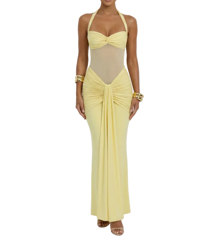 Women's Halter Neck Maxi Dress with Mesh Ruched Waist