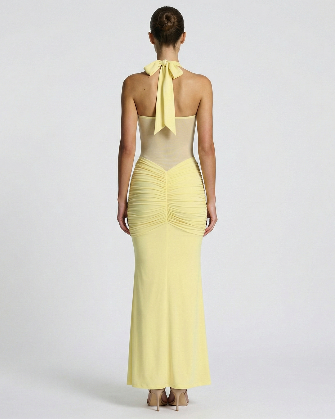 Women's Halter Neck Maxi Dress with Mesh Ruched Waist