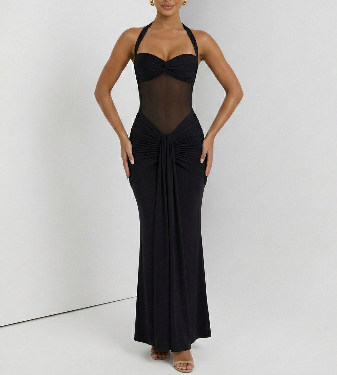 Women's Halter Neck Maxi Dress with Mesh Ruched Waist