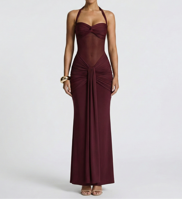 Women's Halter Neck Maxi Dress with Mesh Ruched Waist