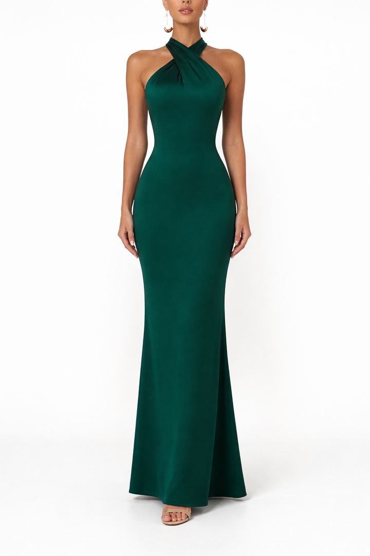 Women's Halter Neck Maxi Dress with Open Back and Fitted Long Skirt