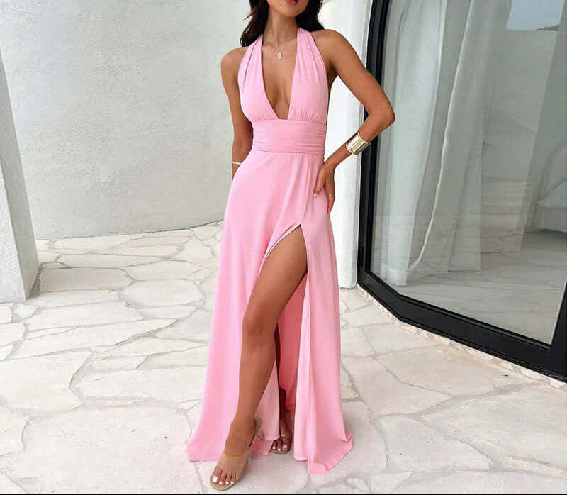 Women's Halter Neck Maxi Dress with Tie-Up Open Back and Side Slit