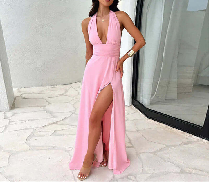 Women's Halter Neck Maxi Dress with Tie-Up Open Back and Side Slit