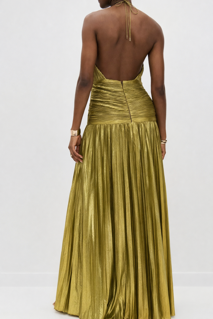 Women's Halter Neck Pleated Wedding Guest Maxi Dress