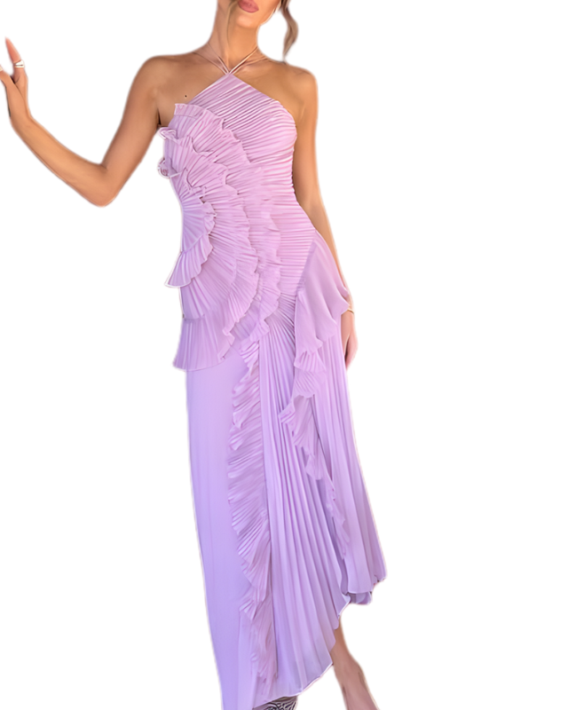 Women's Halter Neck Ruffle Maxi Dress with Draped Shape