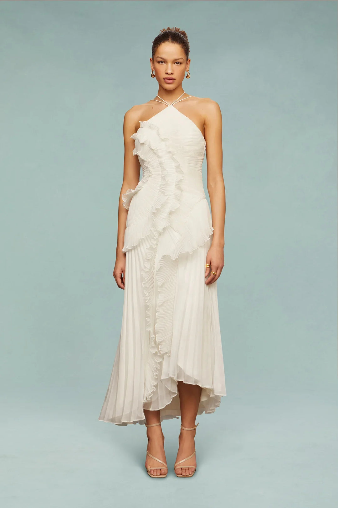 Women's Halter Neck Ruffle Maxi Dress with Draped Shape