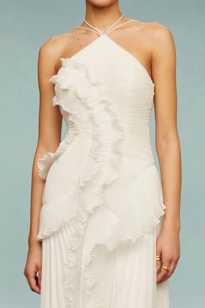 Women's Halter Neck Ruffle Maxi Dress with Draped Shape