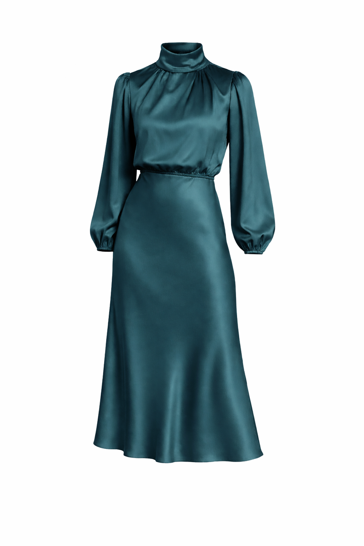 Women's High Waist Long Sleeve  Midi Dress