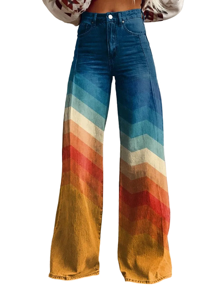 Women's High Waist Wide Leg Jeans with Chevron Stripe Pattern