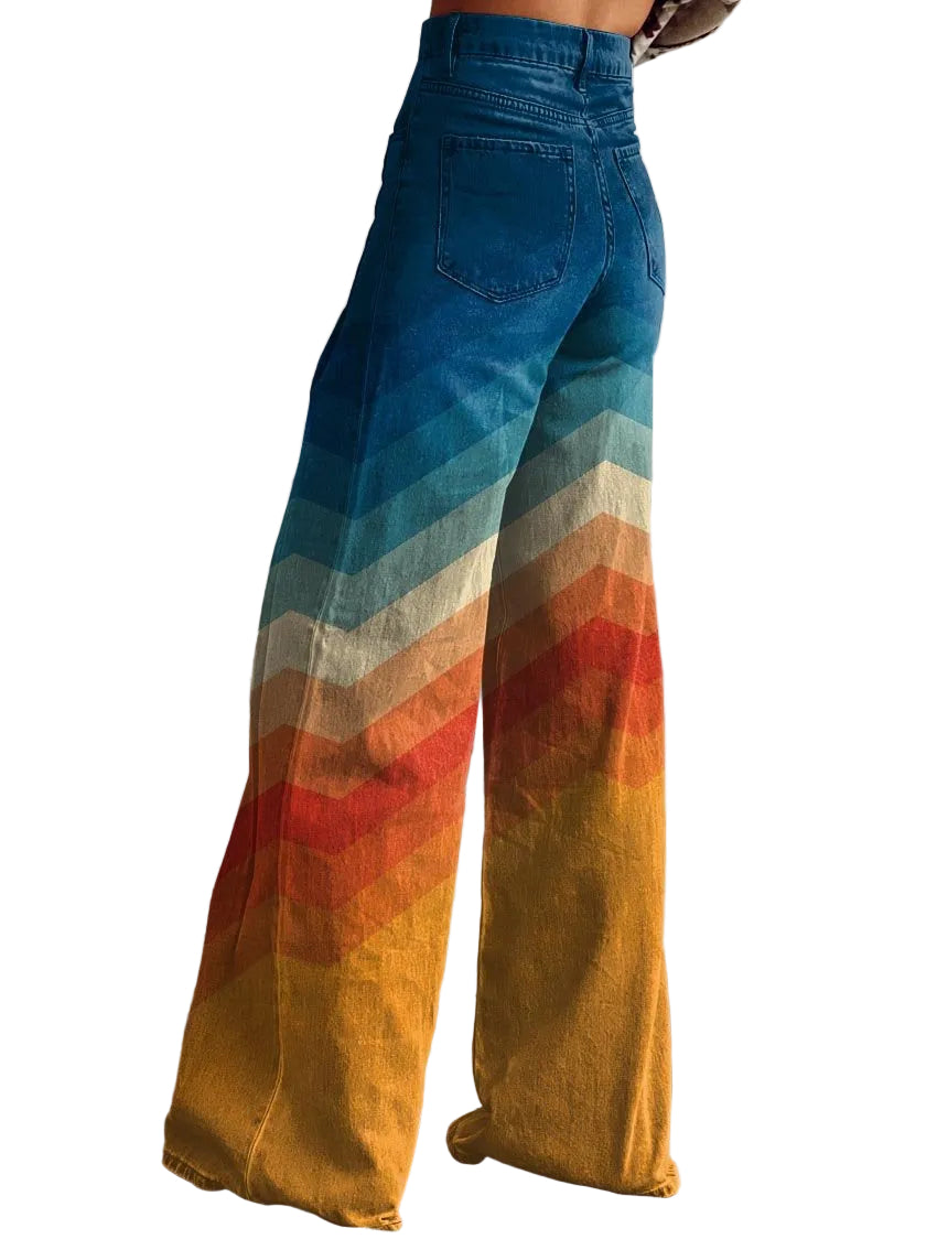 Women's High Waist Wide Leg Jeans with Chevron Stripe Pattern