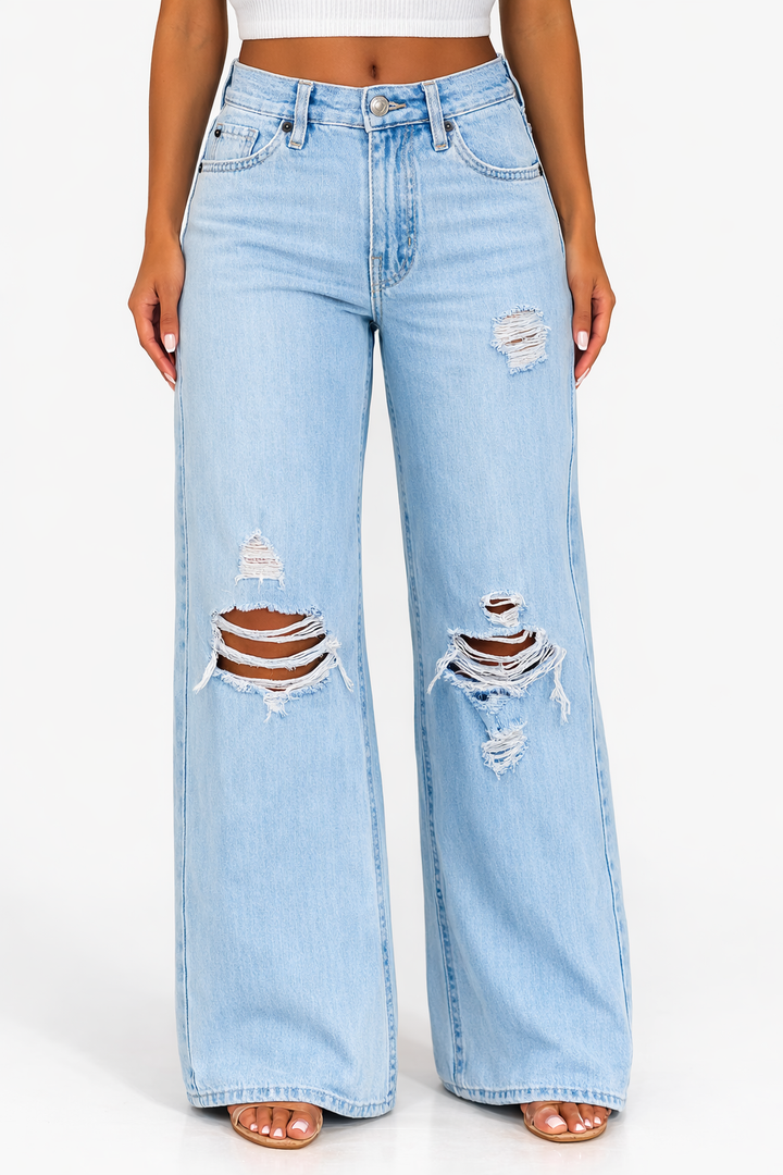Women's High Waist Wide Leg Ripped Jeans with Distressed Detail