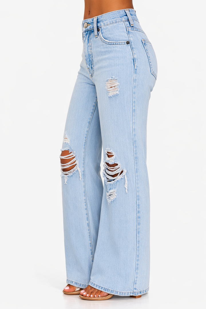 Women's High Waist Wide Leg Ripped Jeans with Distressed Detail