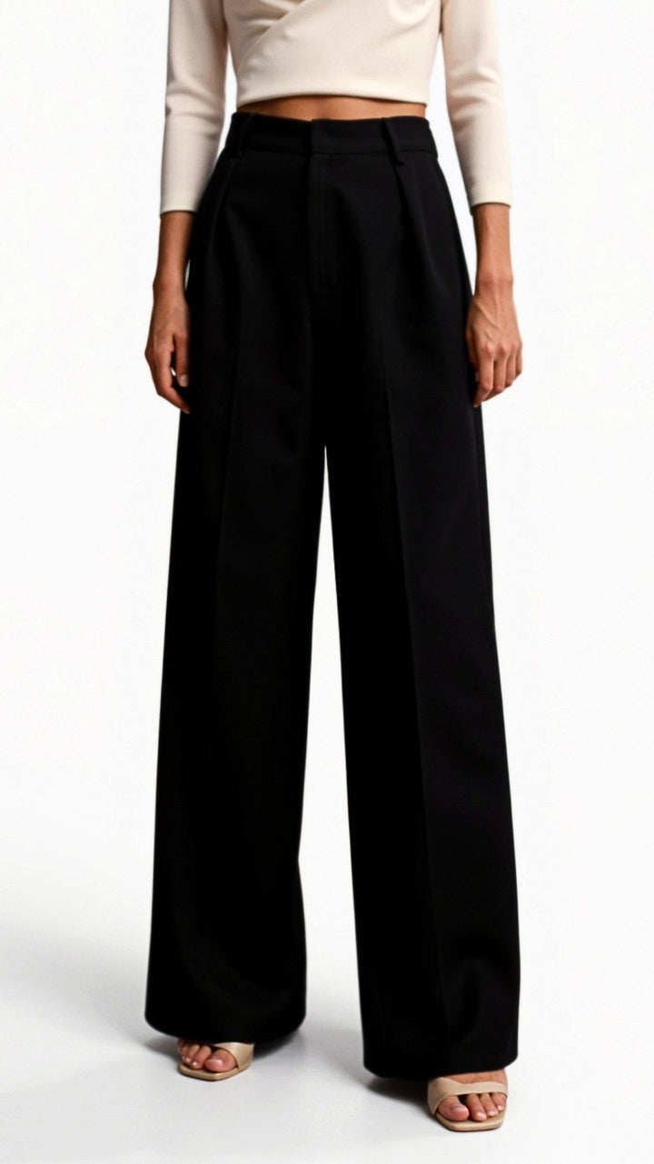 Women's High Waist Wide Leg Trousers with Front Pleats