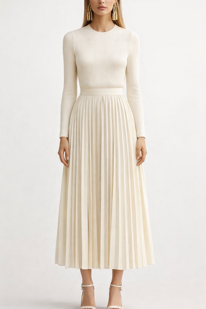 Women's Knitted Long Sleeve Pleated Skirt Maxi Dress