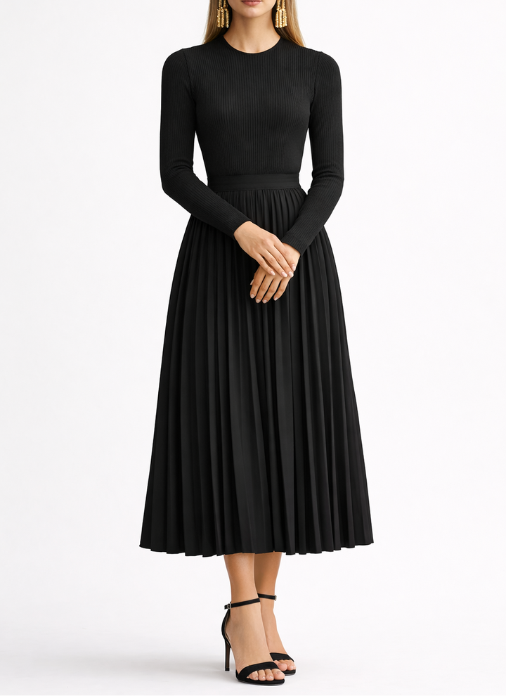 Women's Knitted Long Sleeve Pleated Skirt Maxi Dress