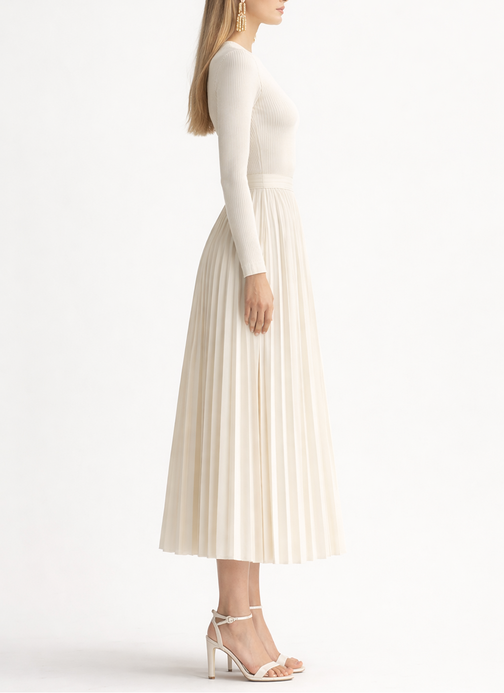 Women's Knitted Long Sleeve Pleated Skirt Maxi Dress