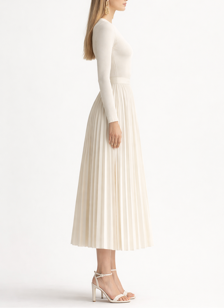 Women's Knitted Long Sleeve Pleated Skirt Maxi Dress