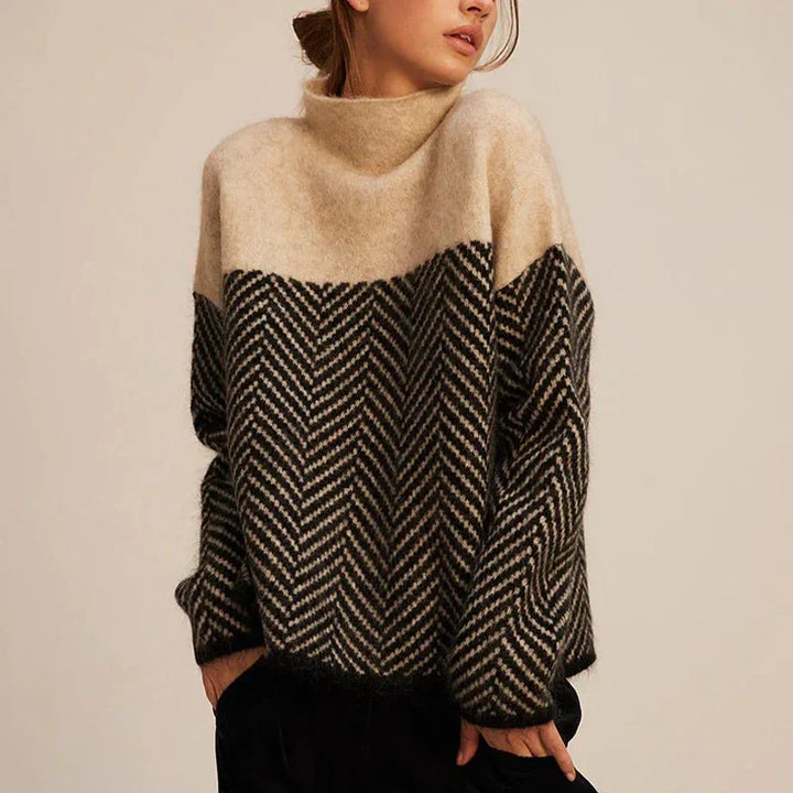 Women's Knitted Sweater with Pattern and High Collar