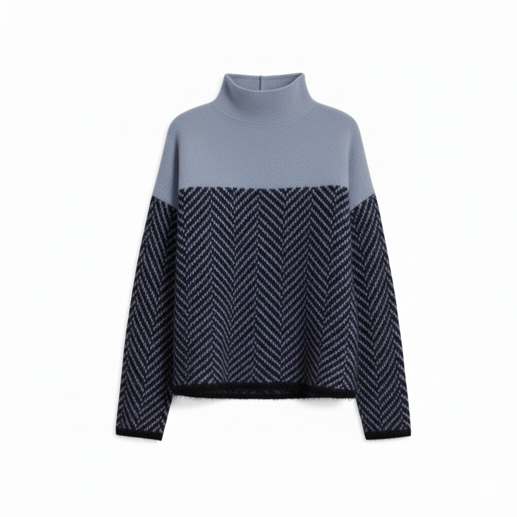 Women's Knitted Sweater with Pattern and High Collar