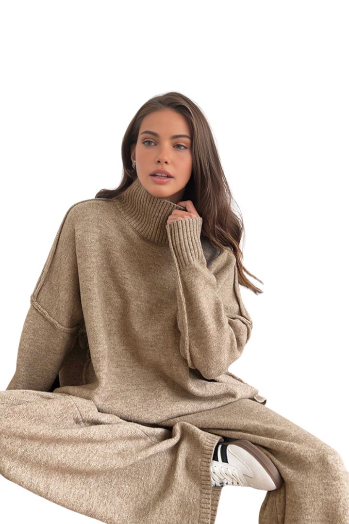 Women's Knitted Turtleneck and Wide Leg Trouser Set
