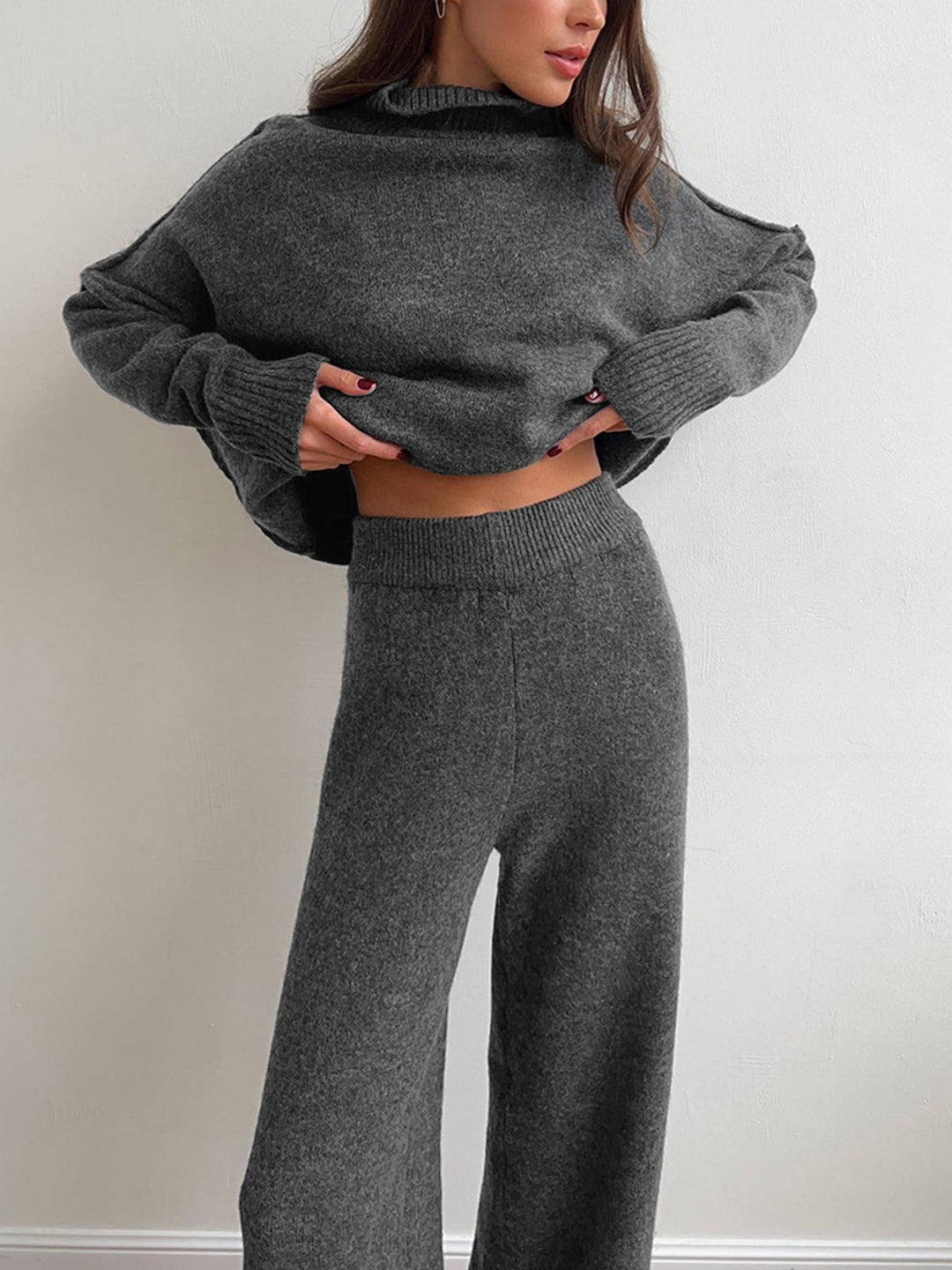 Women's Knitted Turtleneck and Wide Leg Trouser Set