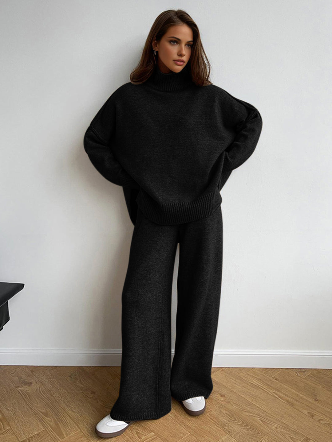 Women's Knitted Turtleneck and Wide Leg Trouser Set