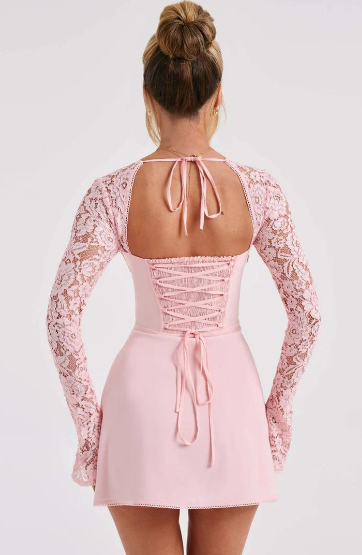 Women's Lace Long Sleeve Mini Dress with Tie Back