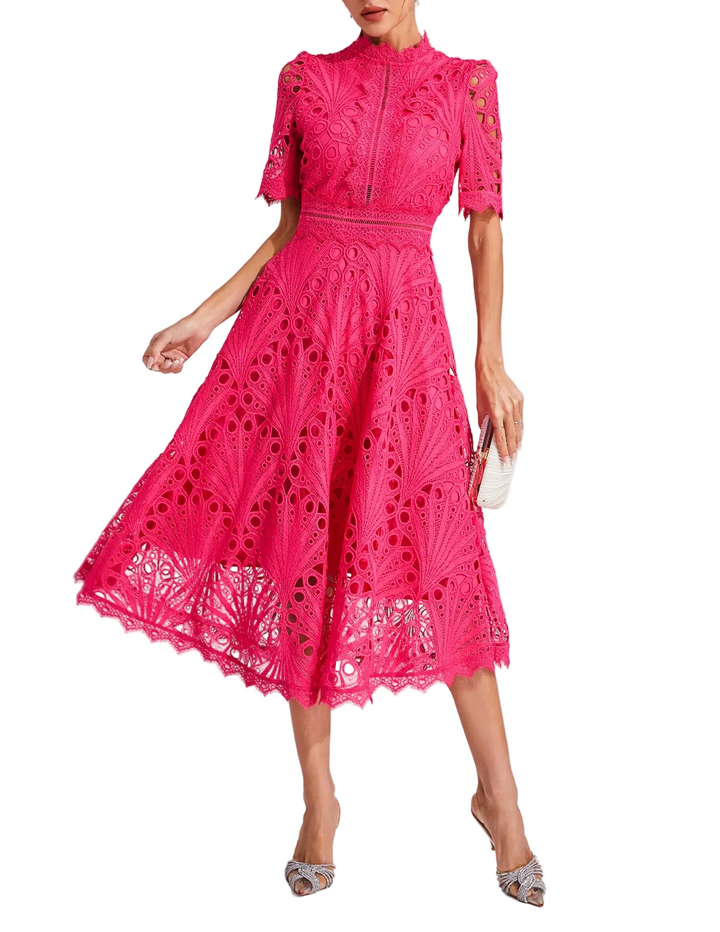 Women's Lace Midi Dress with High Neck and Pattern Cut Design