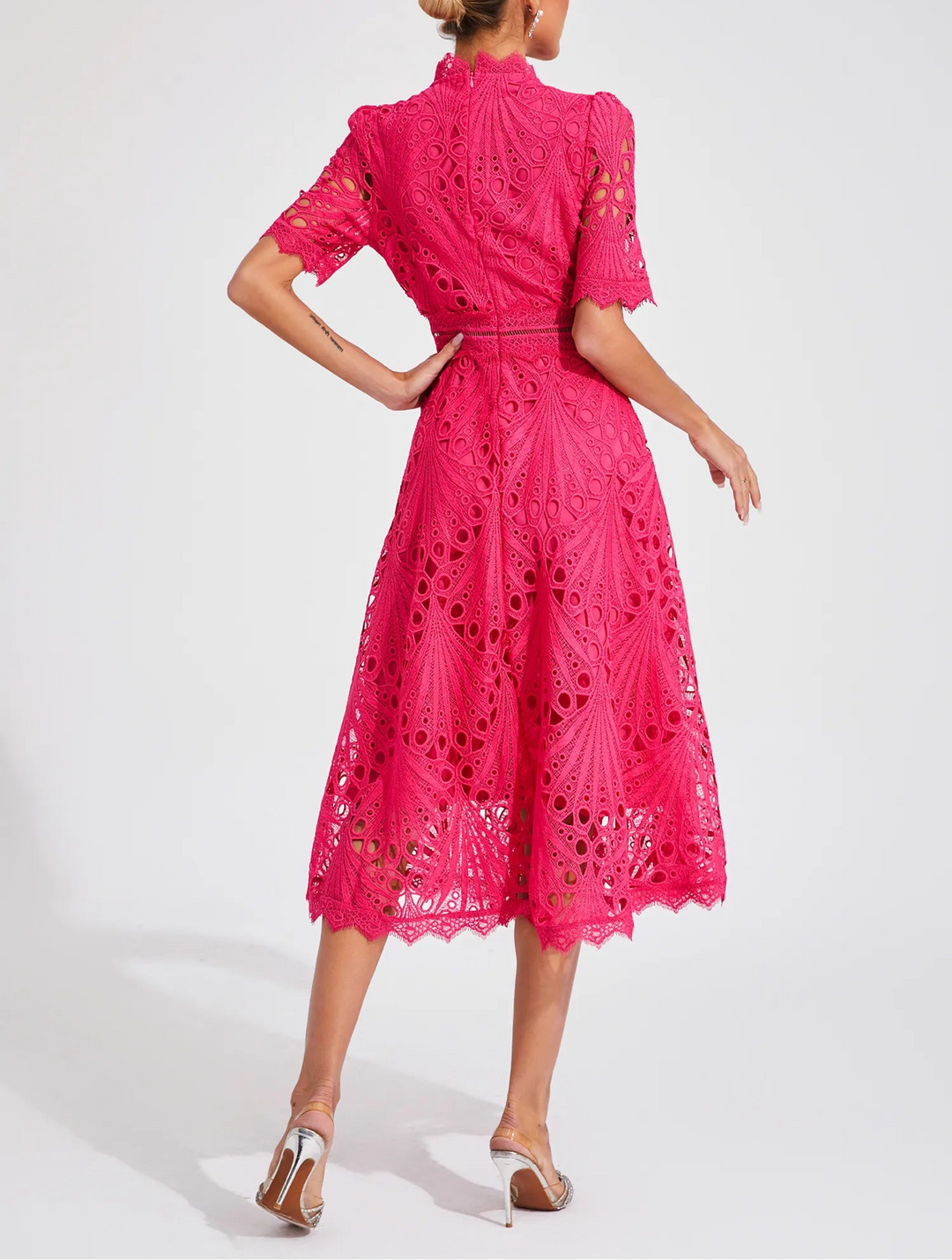 Women's Lace Midi Dress with High Neck and Pattern Cut Design