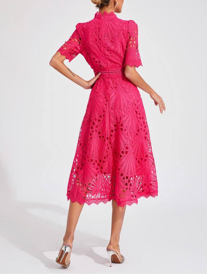 Women's Lace Midi Dress with High Neck and Pattern Cut Design