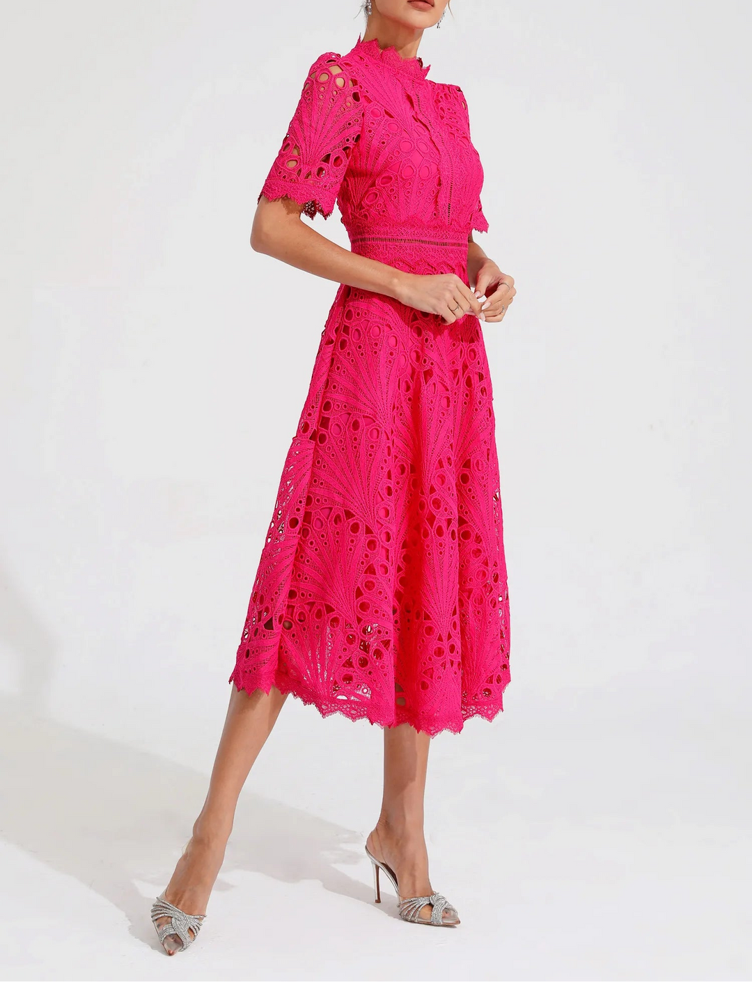 Women's Lace Midi Dress with High Neck and Pattern Cut Design