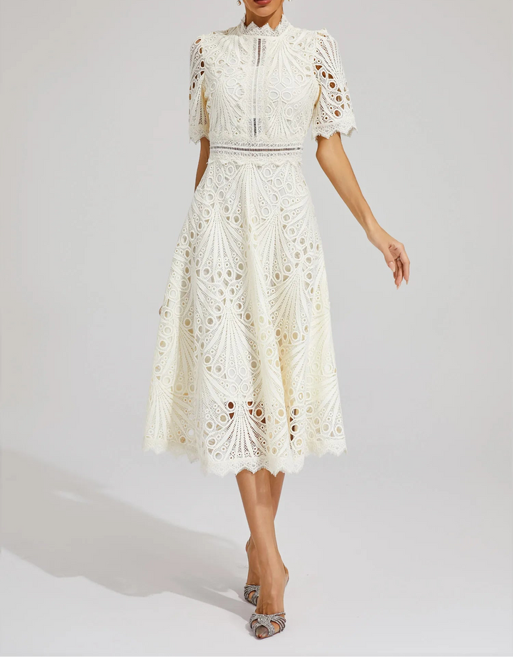 Women's Lace Midi Dress with High Neck and Pattern Cut Design