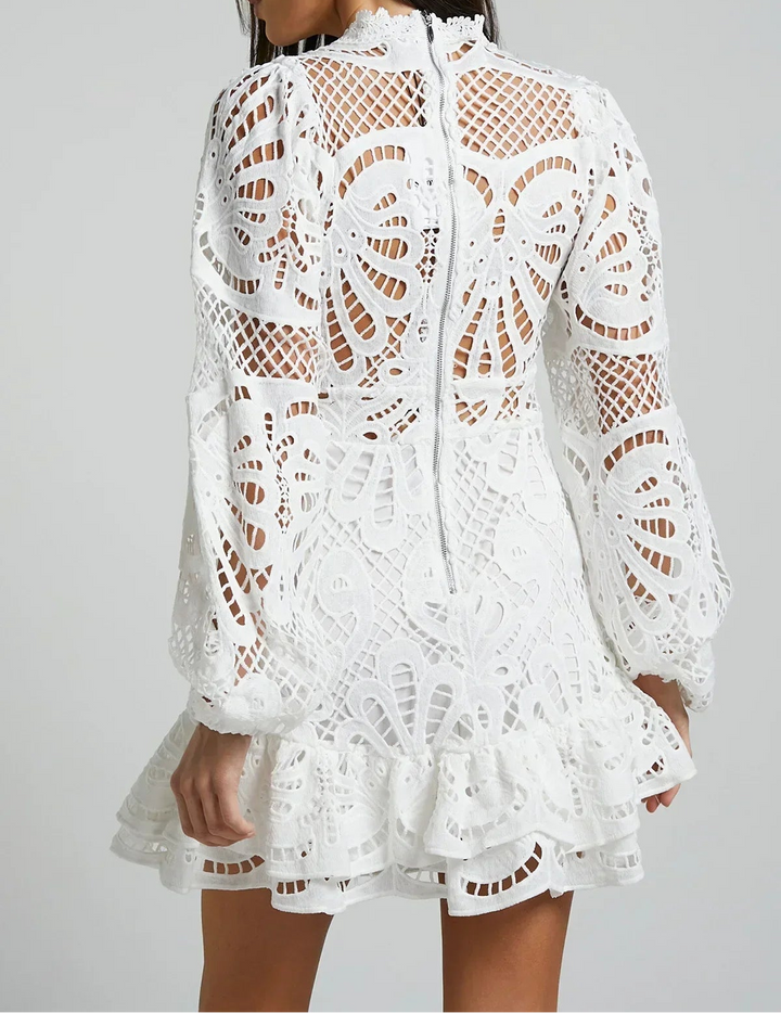 Women's Lace Pattern Long Sleeve Mini Dress with Ruffle Hem