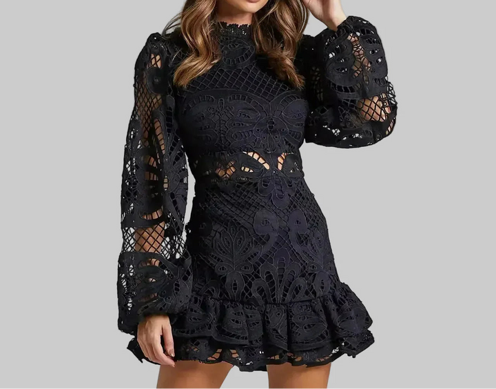 Women's Lace Pattern Long Sleeve Mini Dress with Ruffle Hem