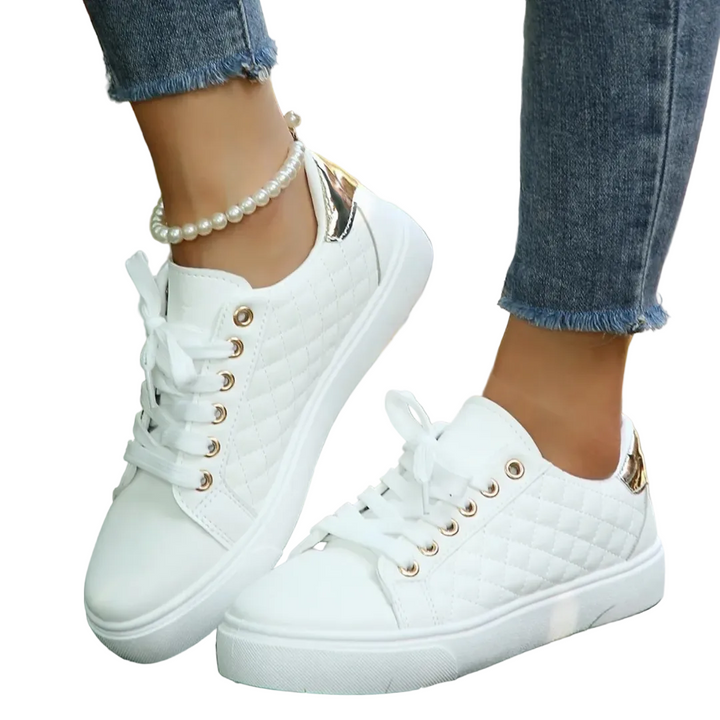 Women's Lace Up Flat Trainers with Low Top and Quilted Side