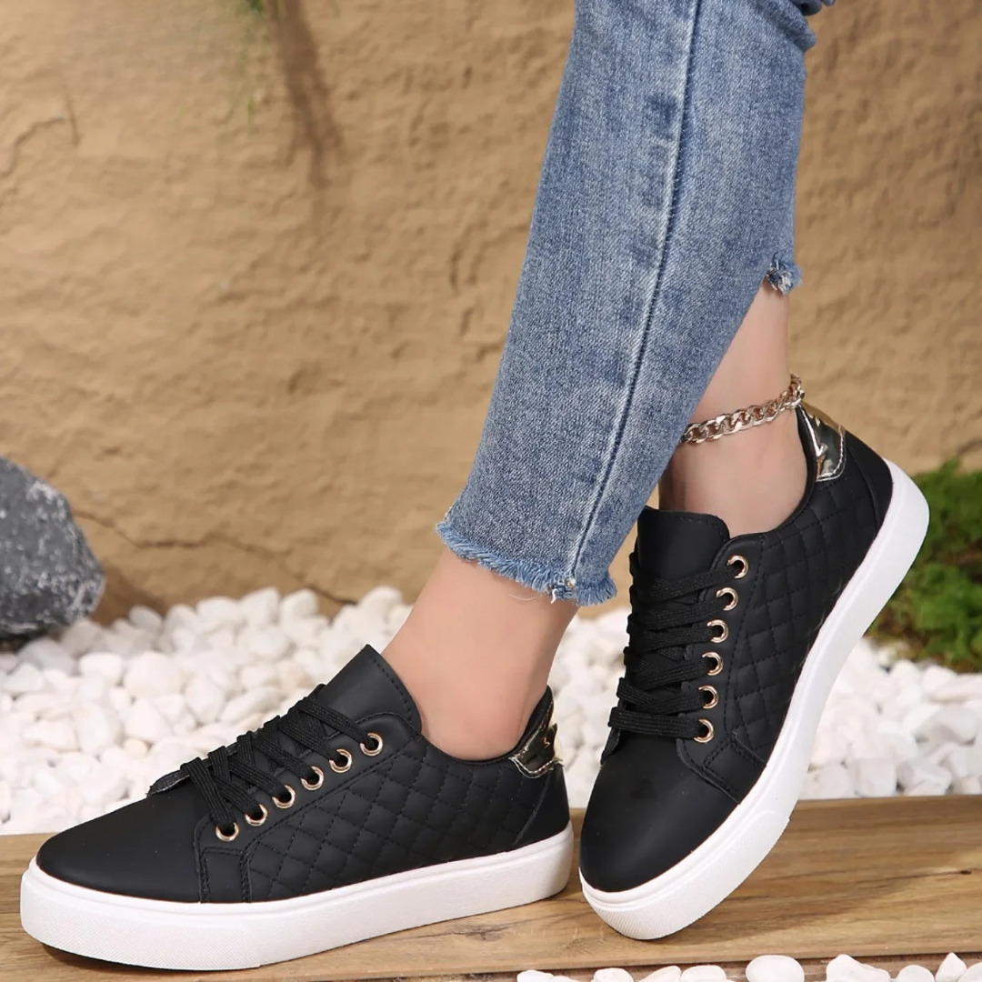 Women's Lace Up Flat Trainers with Low Top and Quilted Side