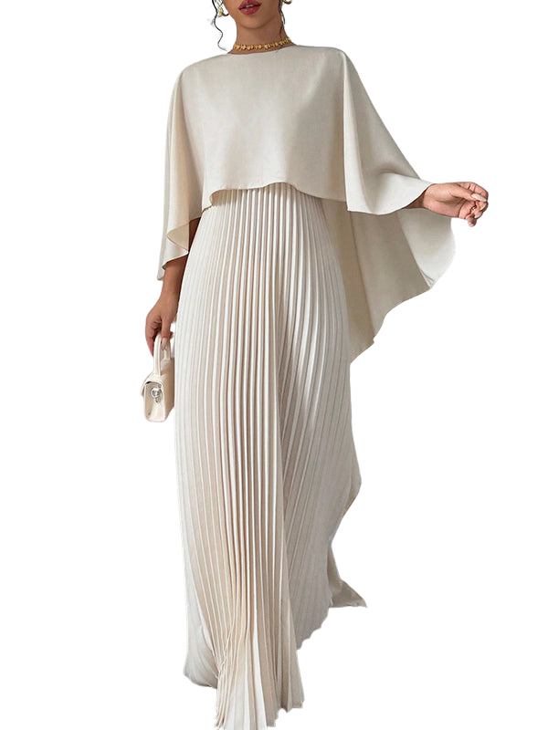 Women's Layered Maxi Dress With Pleated Skirt And and Cape