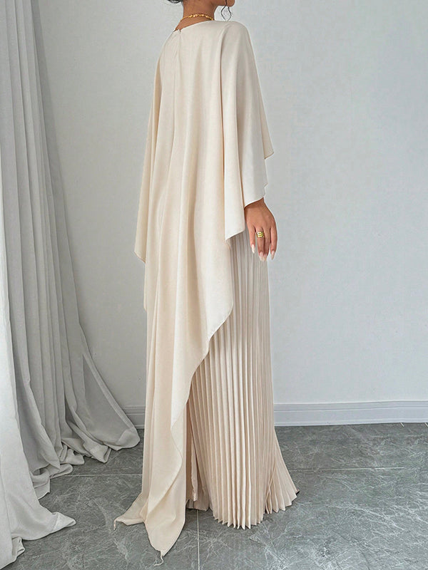 Women's Layered Maxi Dress With Pleated Skirt And and Cape