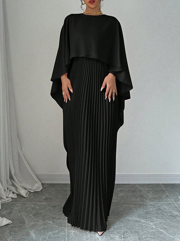 Women's Layered Maxi Dress With Pleated Skirt And and Cape