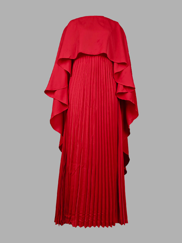 Women's Layered Maxi Dress With Pleated Skirt And and Cape