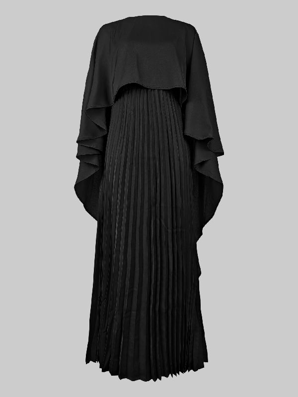 Women's Layered Maxi Dress With Pleated Skirt And and Cape