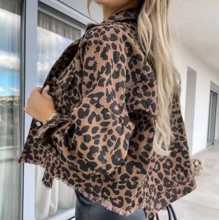 Women's Leopard Button Short Denim Jacket