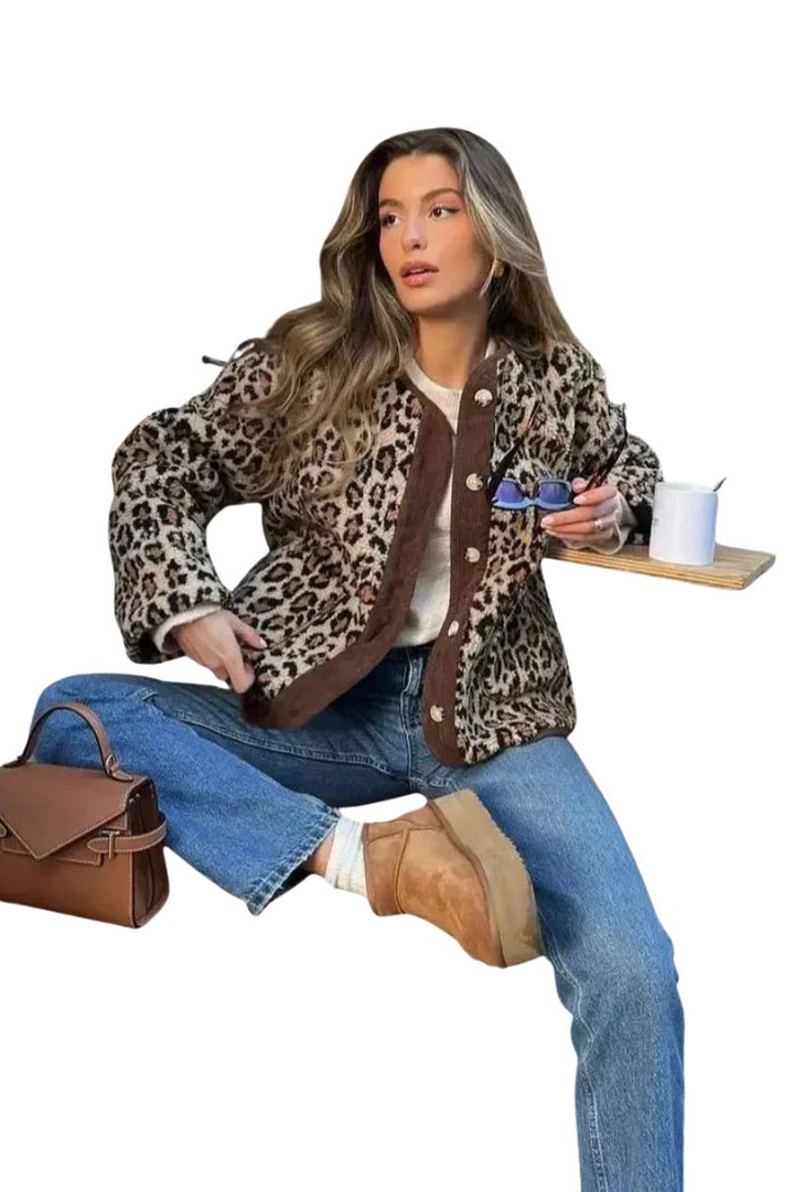 Women's Leopard Print Cardigan with Contrast Trim and Button Front